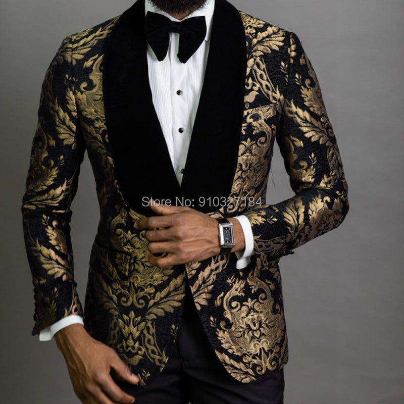 2 Piece Black Floral Jacquard Prom Men Suits Slim Fit with Velvet Shawl Lapel Wedding Groom Tuxedo Clothes