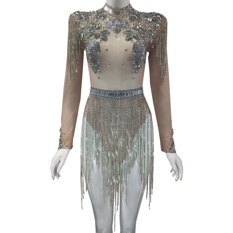 Mesh Bodysuit Sparkly Rhinestone Fringes Party Nightclub Outfit Singer Stage Performance Dance