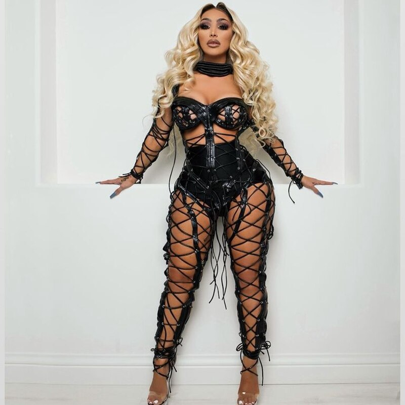 Punk Style Hollow Out Jumpsuit Bandage Rave Clothes Nightclub Bar Outfit Women Erotic Wear Stage Perfornance Show Costume