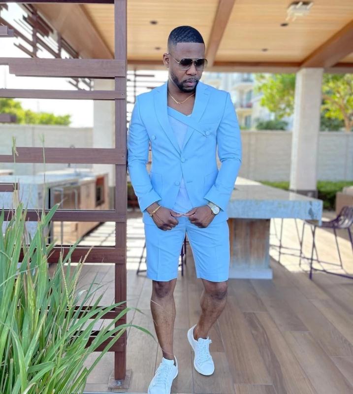 Casual 2 Pieces Blue Groomsman Wedding Men Suits Short Pants Slim Fit Beach Summer Groom Tuxedos Party Blazer