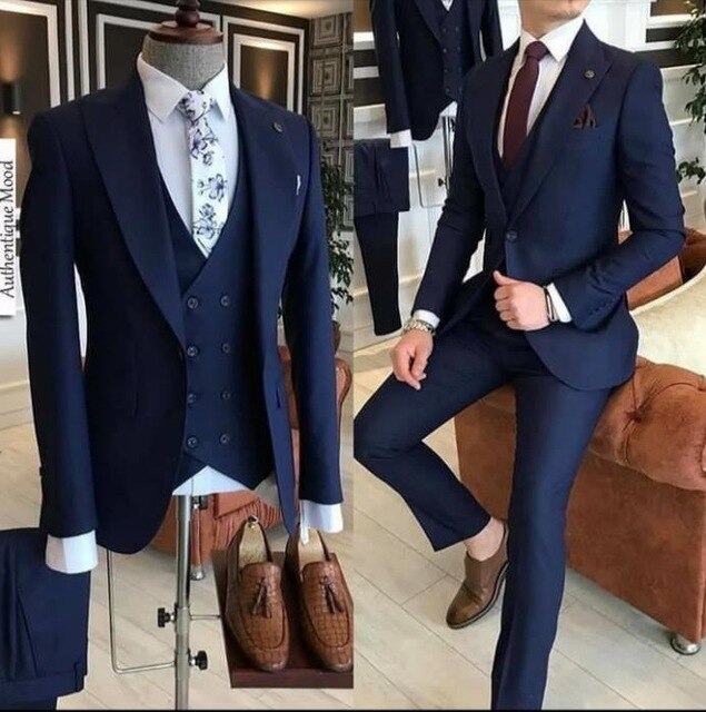 Business Navy Blue Men Suits With Pants 3 Piece Groom Suit Smoking Tuxedo Jacket Wedding Suits For Men Blazer