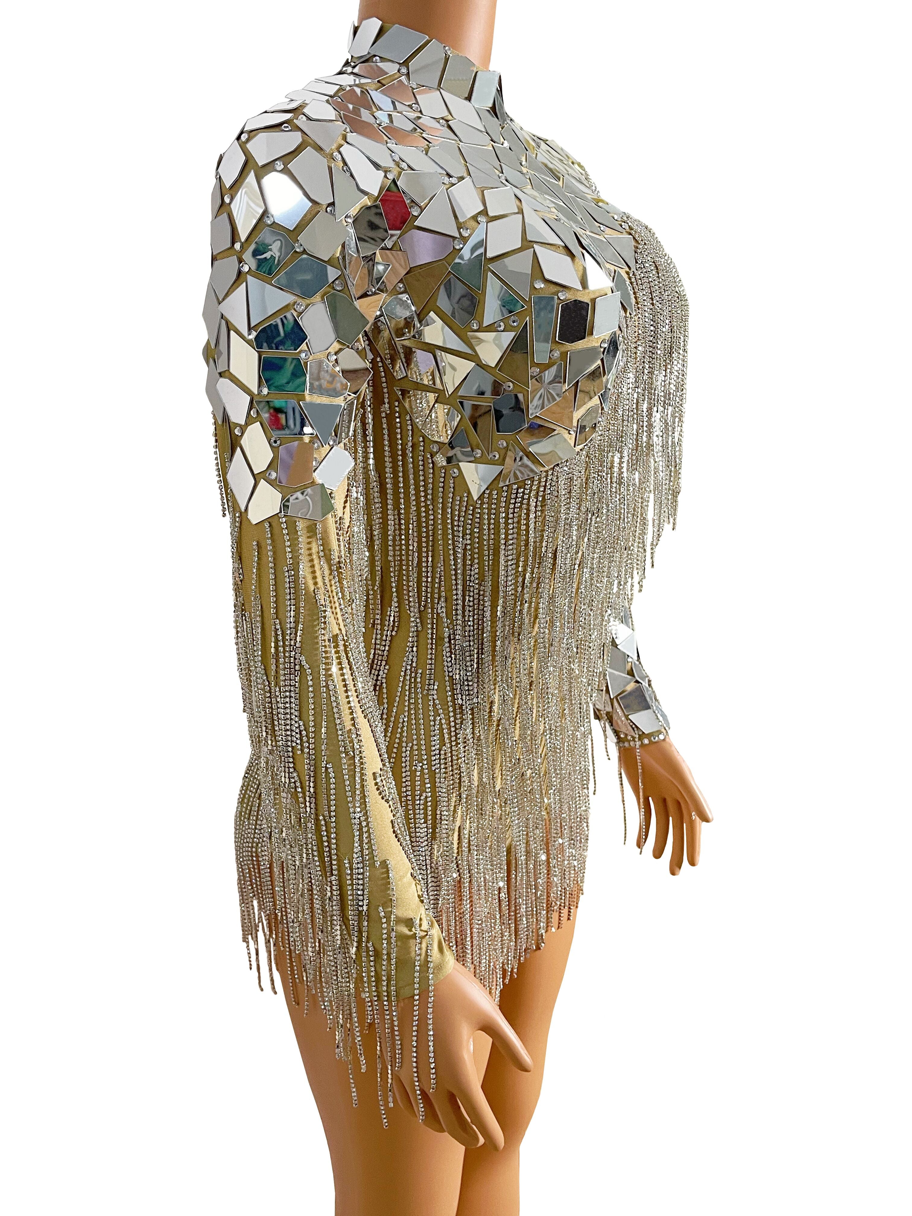 Women Flash Silver Mirror Rhinestone Chain Backless Evening Fringes Bodysuit