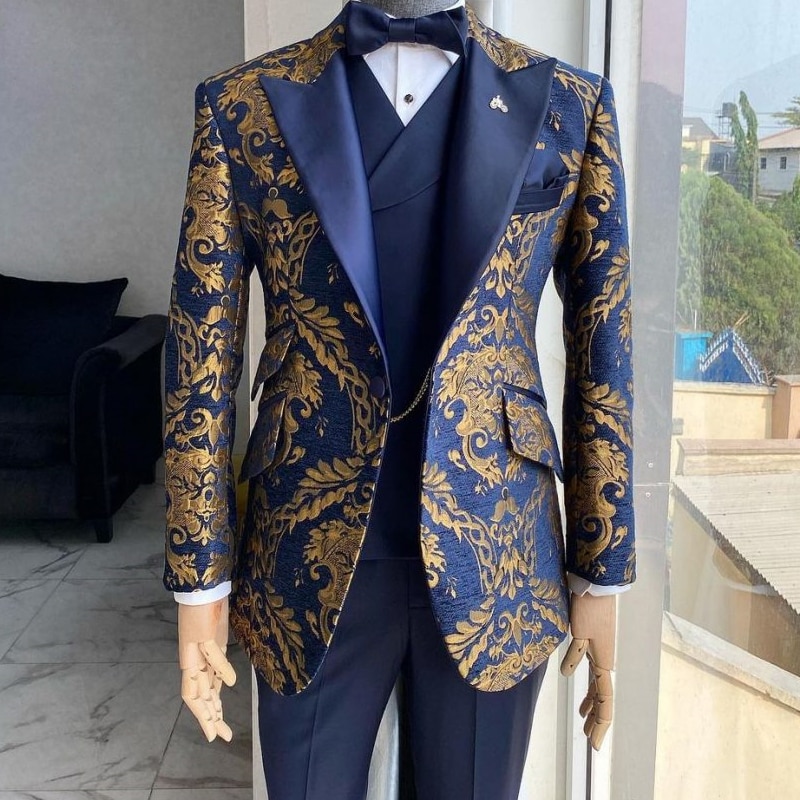 Jacquard Floral Tuxedo Suits for Men Wedding Slim Fit Navy Blue and Gold Gentleman Jacket with Vest Pant 3 Piece Costume