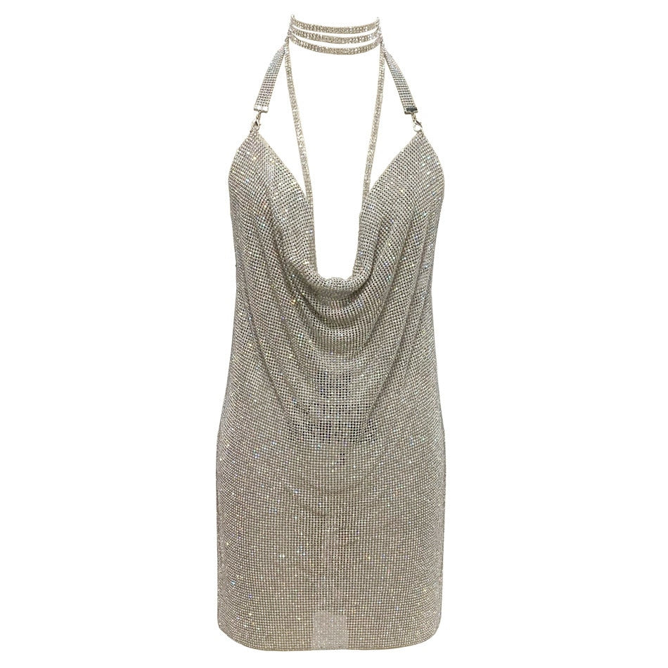 Handmade Backless Metal Mesh Dress Chain Halter Rhinestone Slit KJ 21st Birthday Party Dress Mini