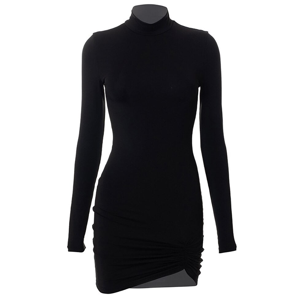 Stand-collar Pullover Long Sleeve Slim Bag Hip Ultra Short Dress Women