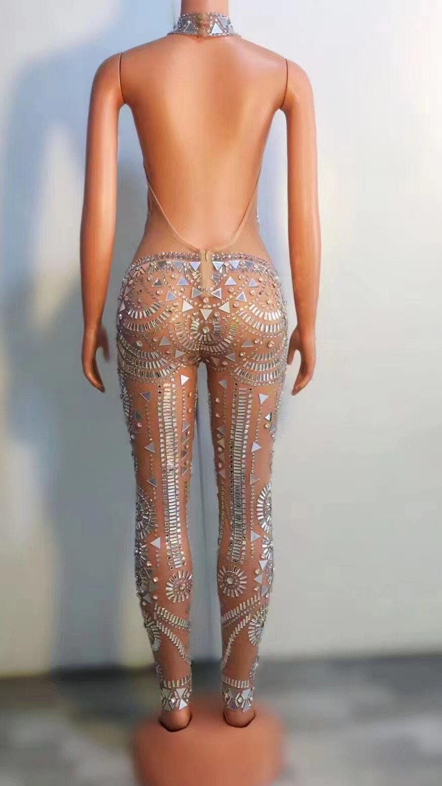 Sparkly Rhinestones Mirrors Mesh Transparent Jumpsuit Sleeveless Sexy Tight Birthday Party Outfit Dancer Show Rompers Stage Wear