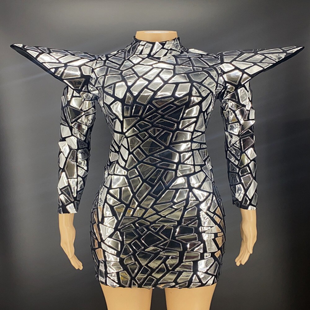 Black Silver Sequins Dancer Outfit Evening Performance Stage Wear Team Show Costume Evening Stretch Dress Vestido