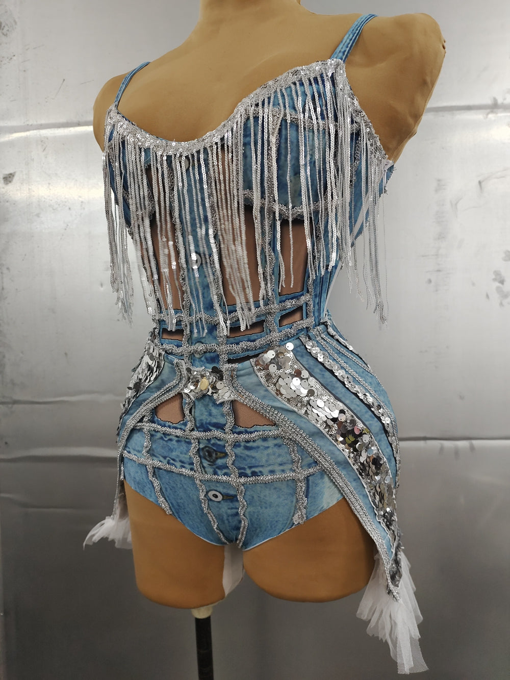 Shining Sequins Fringe Mesh Fake Denim Bodysuit Stage Wear DJ Singer Bar Nightclub Jazz Dance Costume Performance Show Wear