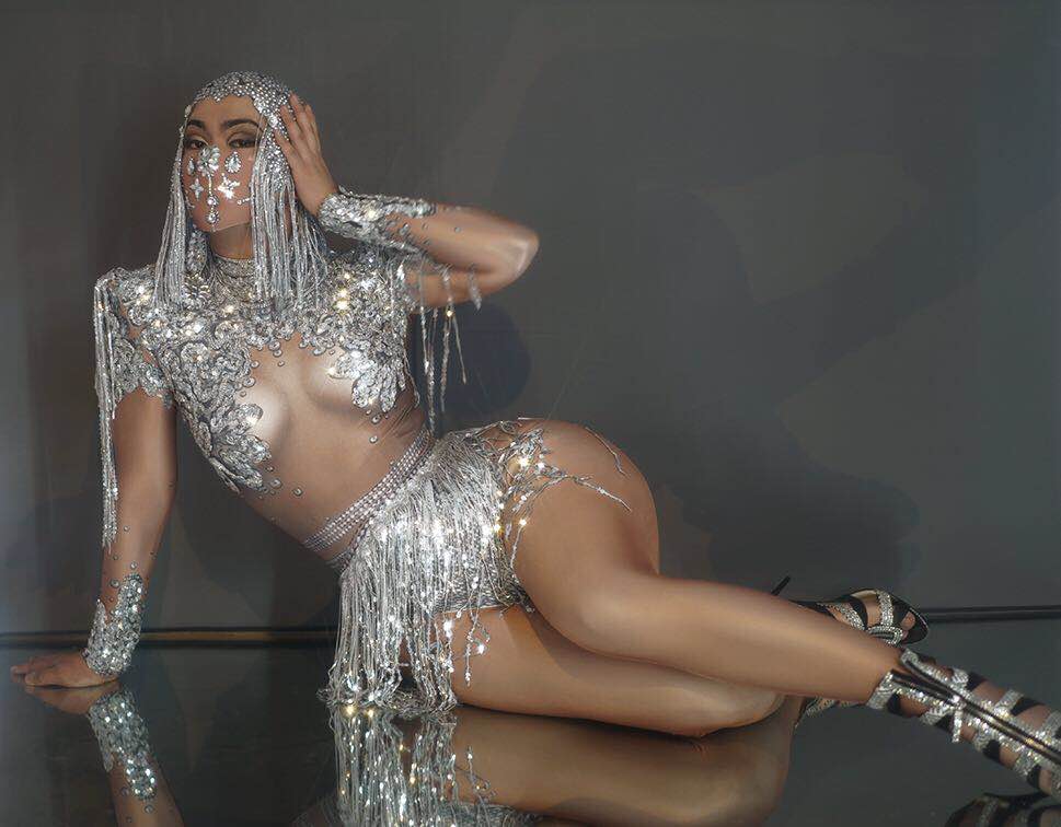 Sexy Elastic Rhinestone Tassel Party Bodysuit Outfit Set Women Nightclub Prom Crystal Fringe Leotard Dance Stage Wear Nainiang