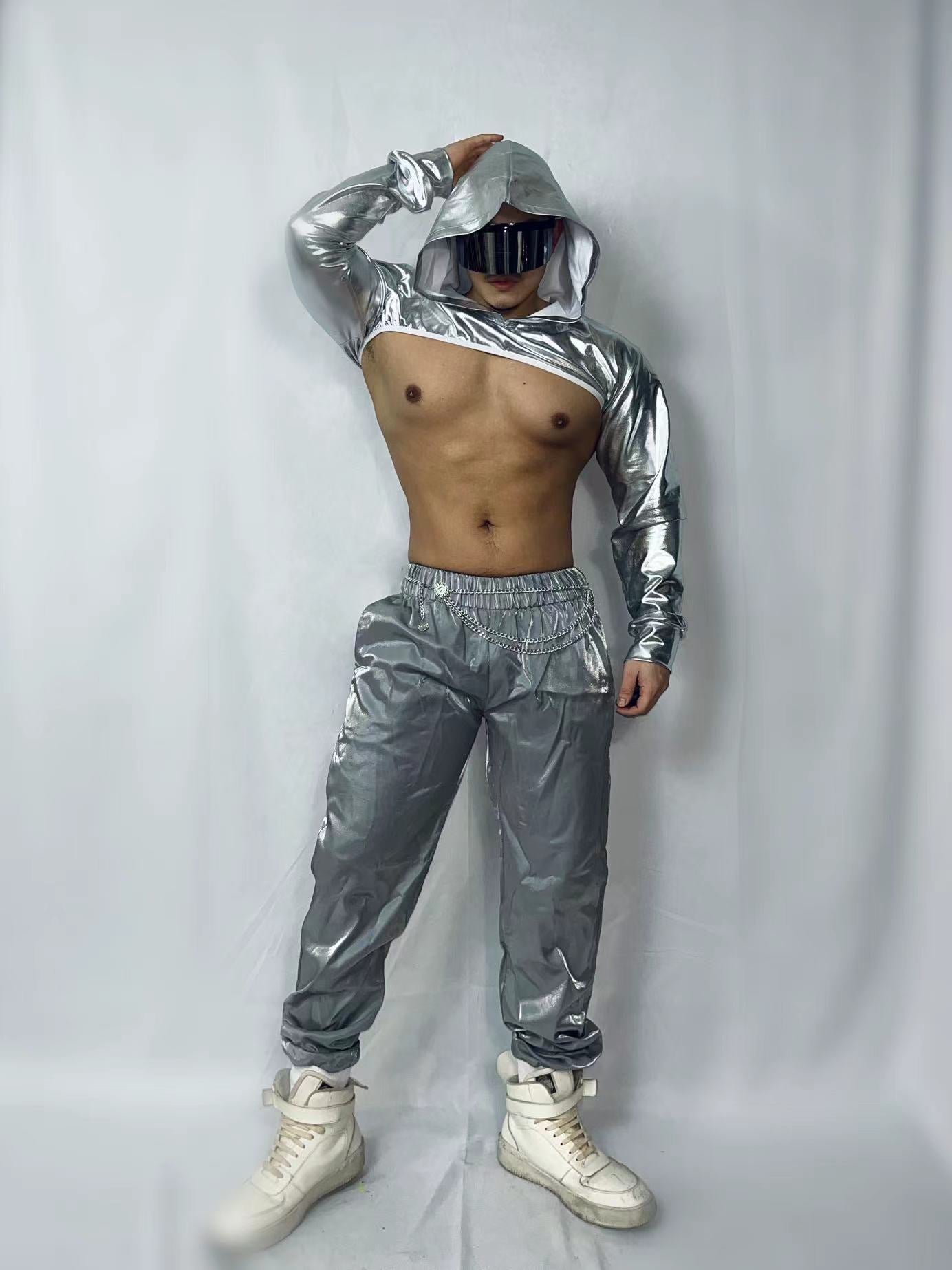 Cool Silver Laser Theme DS Stage Show Tops Pants Outfit Men Gogo Costumes Nightclub Bar Pole Dance Costume