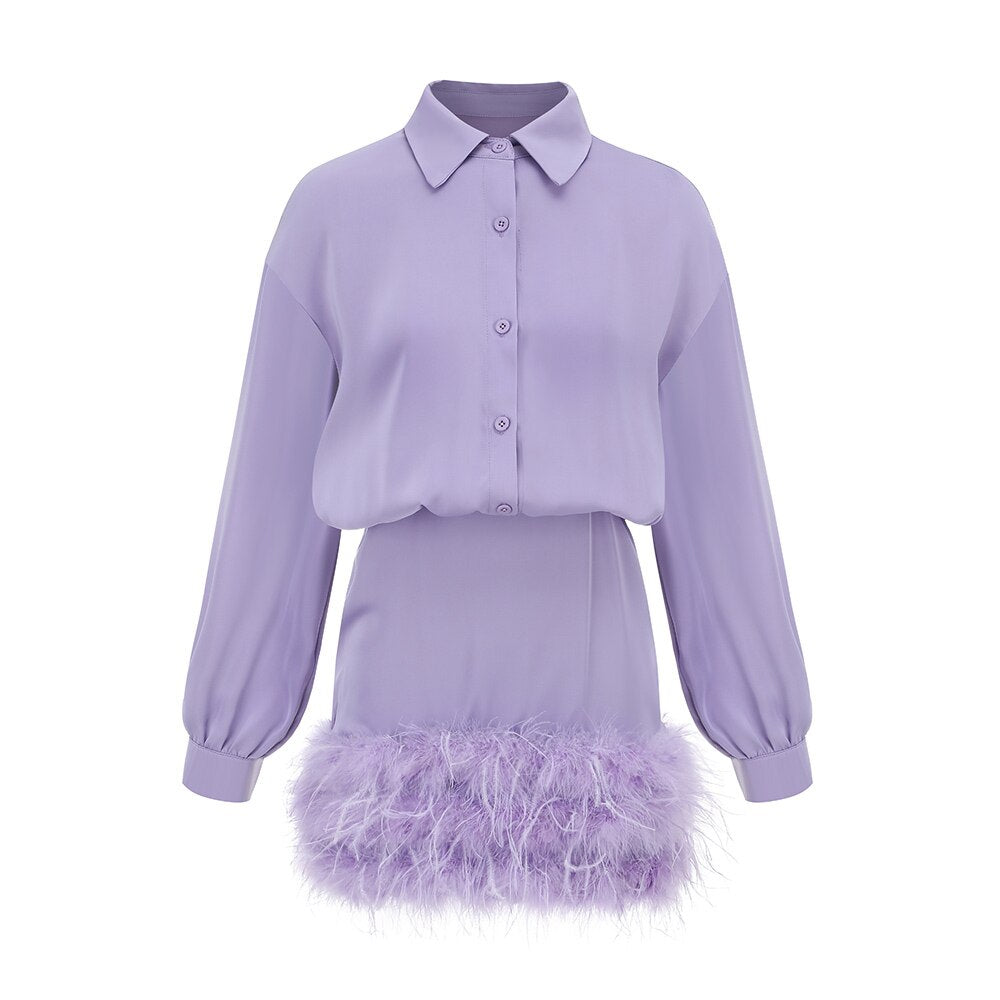 Buttoned Shirt Feather Dress Autumn New Stylish Slim Long Sleeve Purple Bodycon Mini Dress