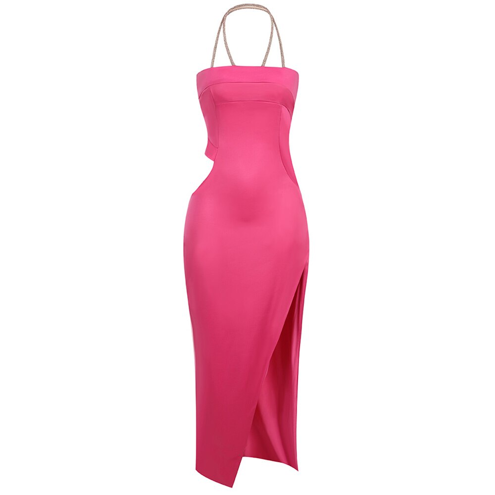 Rhinestone Rope Halter Maxi Dress Rose Sexy Off-the-shoulder Tube Top Side Split Long Bodycon Banquet Dress