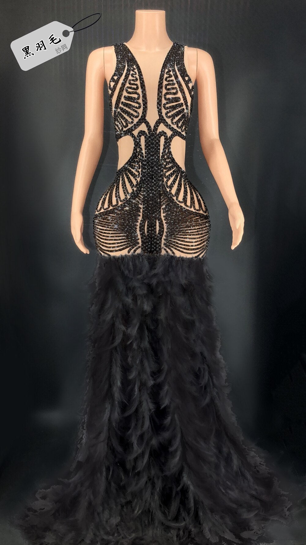 Women Birthday Celebrate Evening Prom Gown Dress Luxurious Rhinestones Mesh Transparent Long Feathers Dress Singer Show Wear