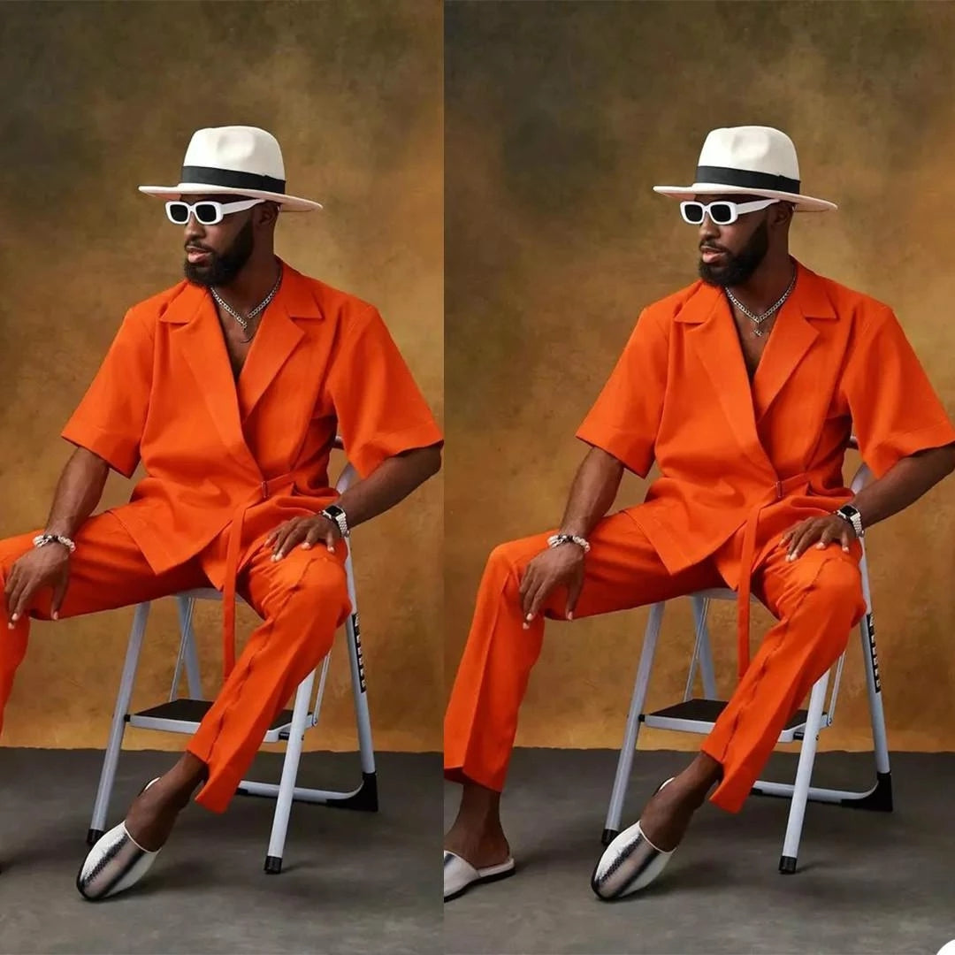 Bright Orange Men Suits Prom Terno Masculino Groom Wedding Slim Fit Costume Homme Blazer 2 Pcs (Jacket+Short Pants)