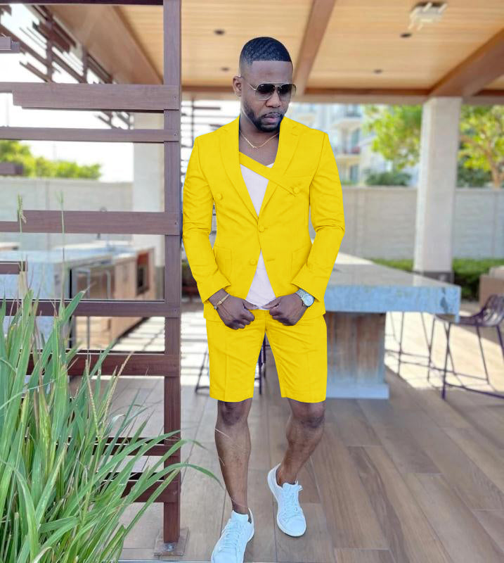 Casual 2 Pieces Blue Groomsman Wedding Men Suits Short Pants Slim Fit Beach Summer Groom Tuxedos Party Blazer