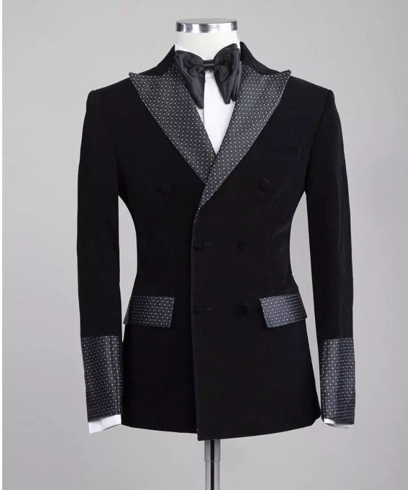 Men Black Velvet Double Breasted Blazer Wedding Groom Suit Dot Peaked Lapel Tuxedo For Men Wedding Suits Prom Suit