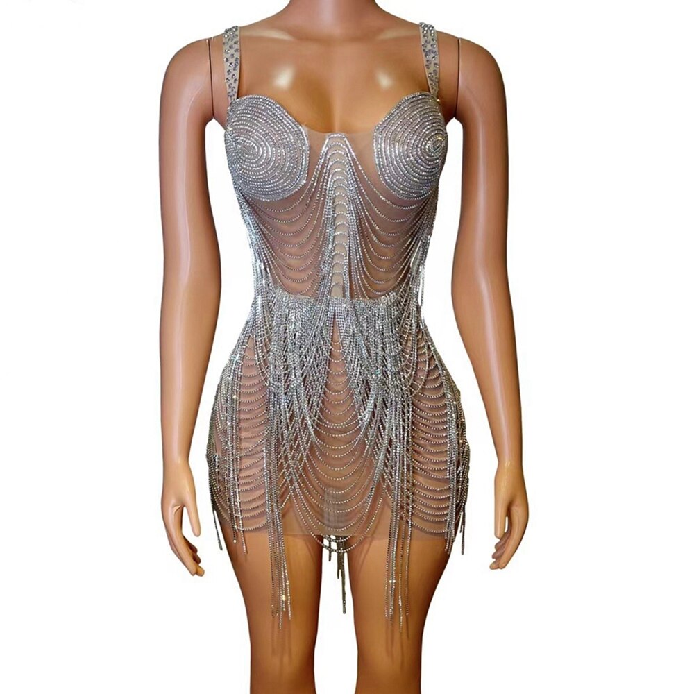 Luxurious Rhinestones Chains Short Dress Women Birthday Celebrate Evening Prom Party Dress Sexy Performance Costume Stage Wear