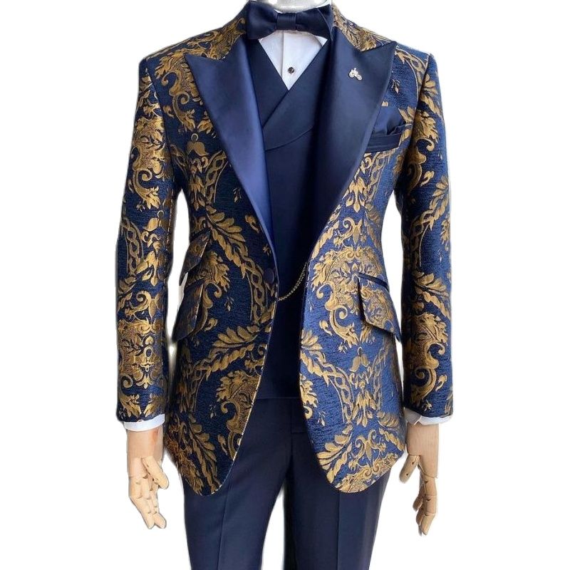 Navy Blue Gold Printed Floral Mens Suits Slim Fit Jacket Vest Pants Groom Wear Wedding Tuxedos Formal Party Blazer Costume Homme