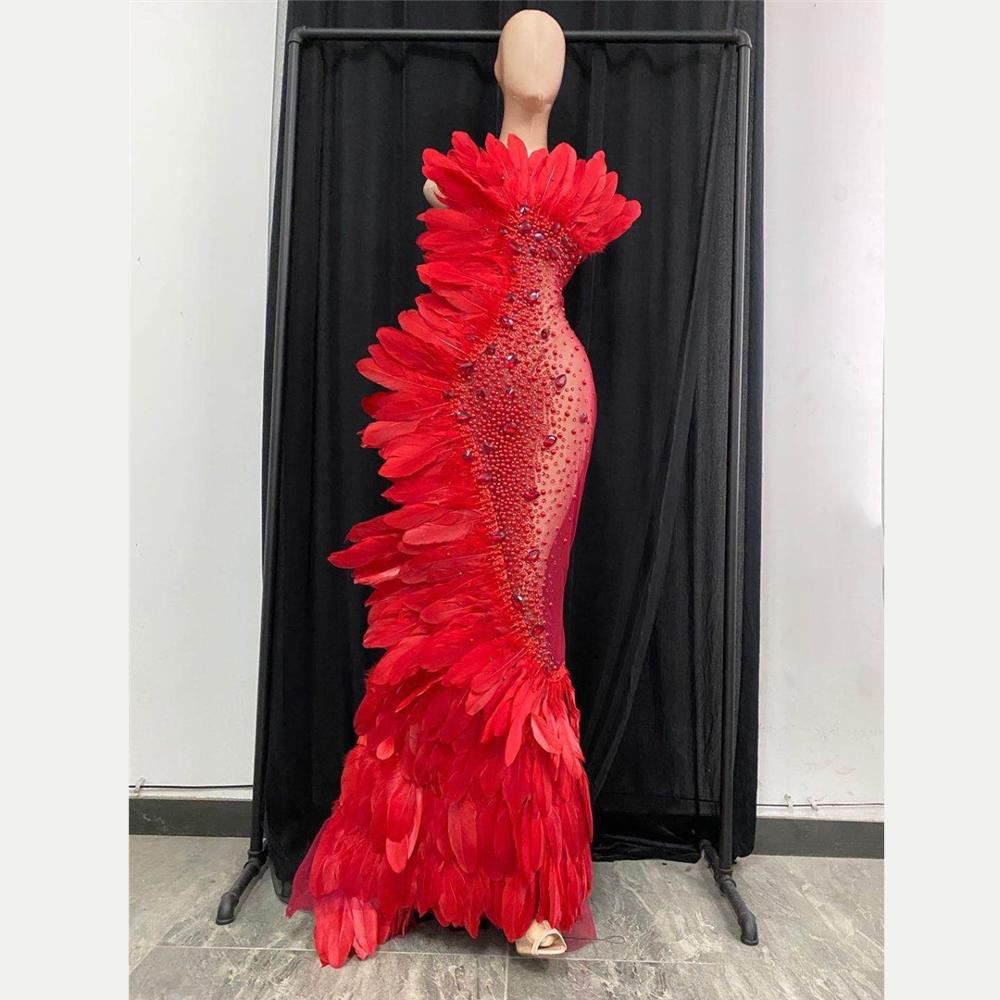 Luxury Red Crystal Evening See Through Mesh Dress Women Banquet Halter Rhinestone Feather Dress Sexy Party Floor Length Dress