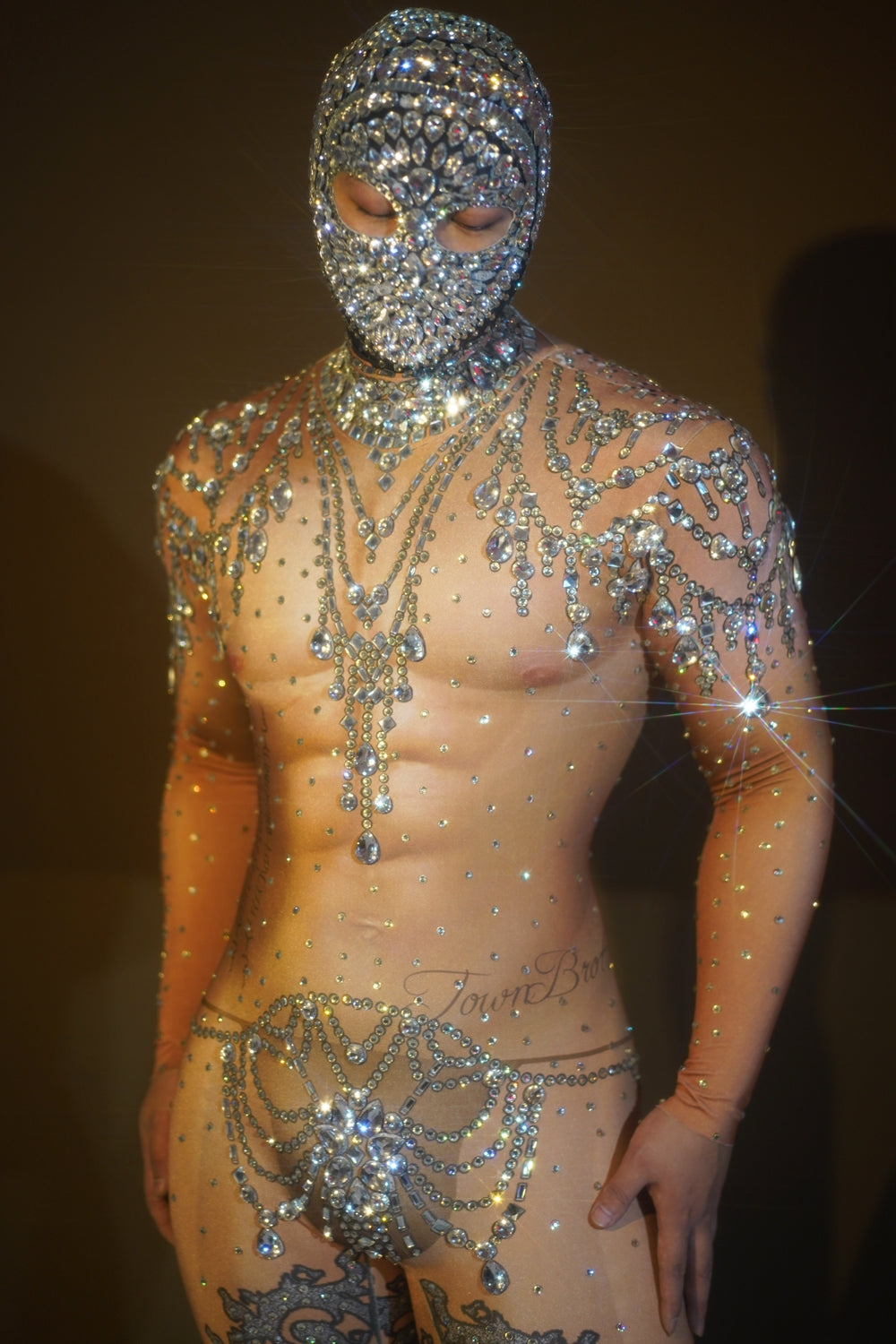 Sparkly Rhinestone Jumpsuit for Men Elastic Leotard Headgear DJ Nightclub Outfit Performance Dance Costume Show Stage Wear
