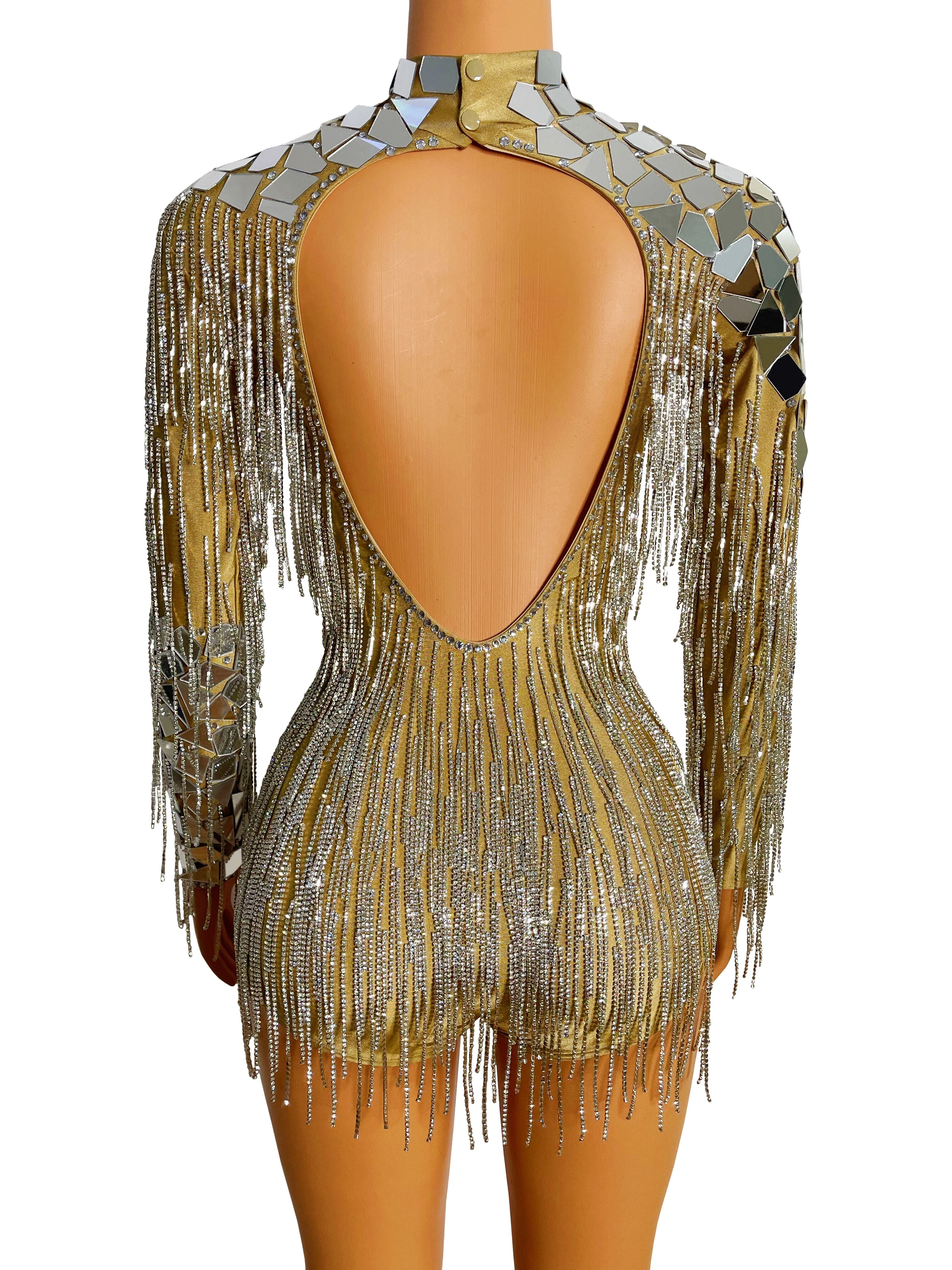 Women Flash Silver Mirror Rhinestone Chain Backless Evening Fringes Bodysuit