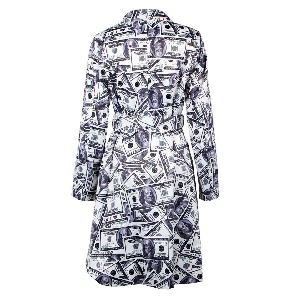 Classy Money Trench Dollar Bill Print Dress KimKardashian Wrap V Neck Sash Embellished Long Sleeves Money Outfit Streetwear