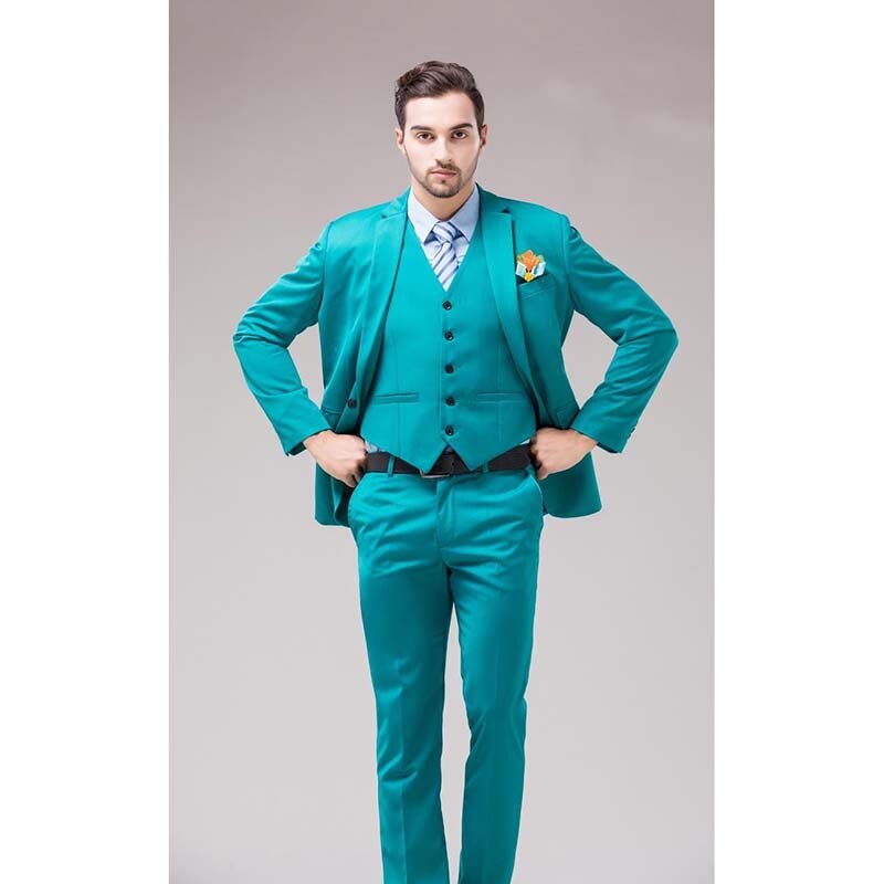 Green Blue Groom Tuxedos Reverse Cran Men Suits Turquoise Groom Wedding Dinner Best Man Suits (Jacket + Pants + Tie + Vest)
