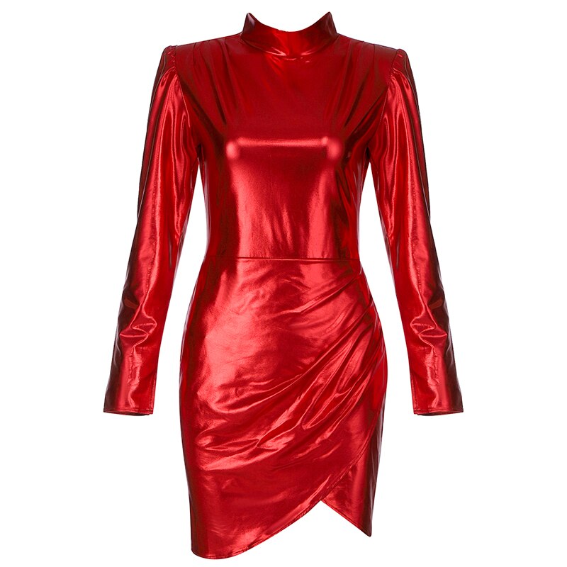 Women Red High Collar Long Sleeve Casual Evening Celebrity Cocktail Party Dress