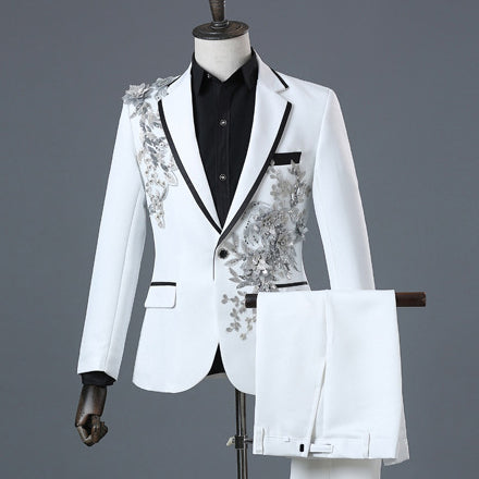 White Groom Wedding Suit Set Host Singers Performance Costume Slim Fit Men Prom Party Stage Jacket Pants 2 Pieces