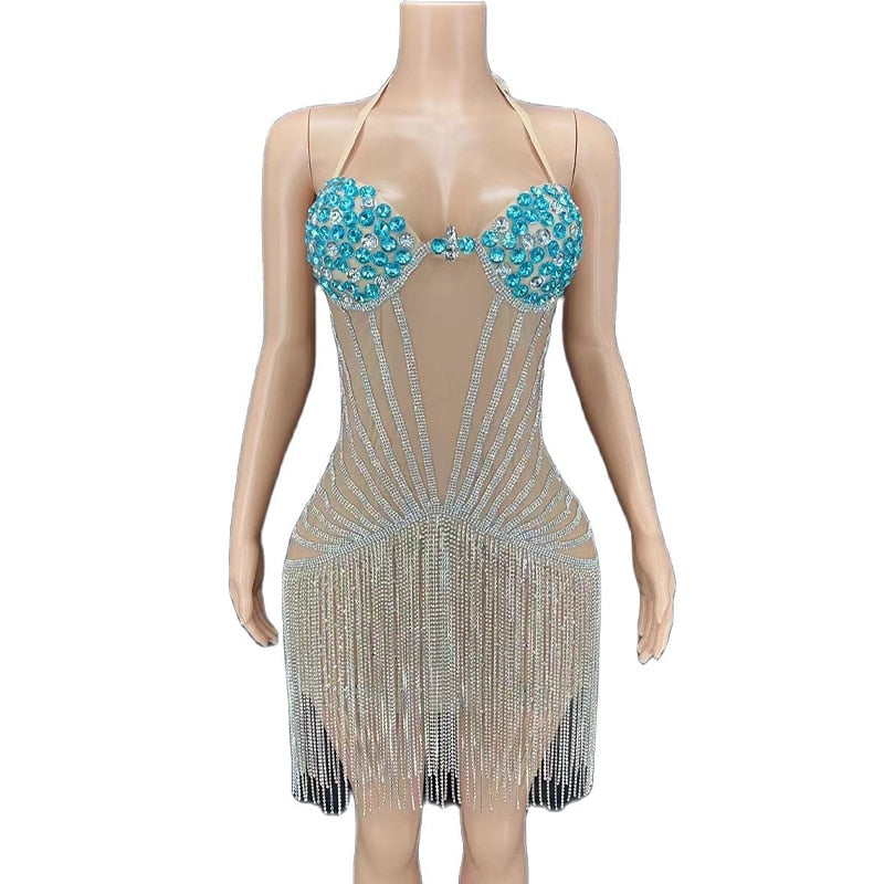 7 Colors Stage Glisten Silver Rhinestones Mini Dress Crystals Fringes Outfit Birthday Celebrate Costume Performance Dress