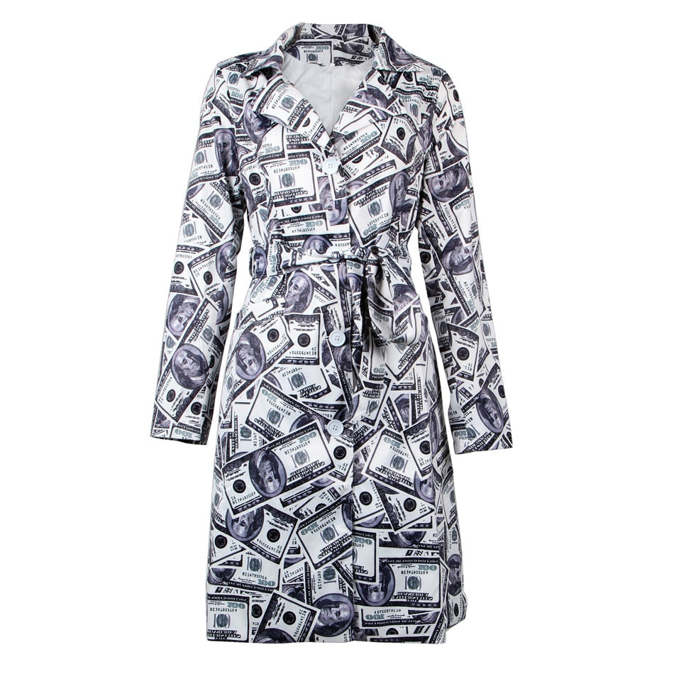 Classy Money Trench Dollar Bill Print Dress KimKardashian Wrap V Neck Sash Embellished Long Sleeves Money Outfit Streetwear