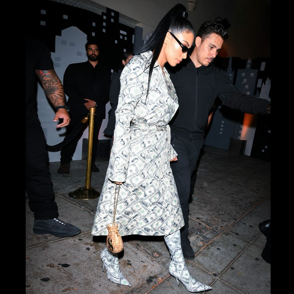 Classy Money Trench Dollar Bill Print Dress KimKardashian Wrap V Neck Sash Embellished Long Sleeves Money Outfit Streetwear
