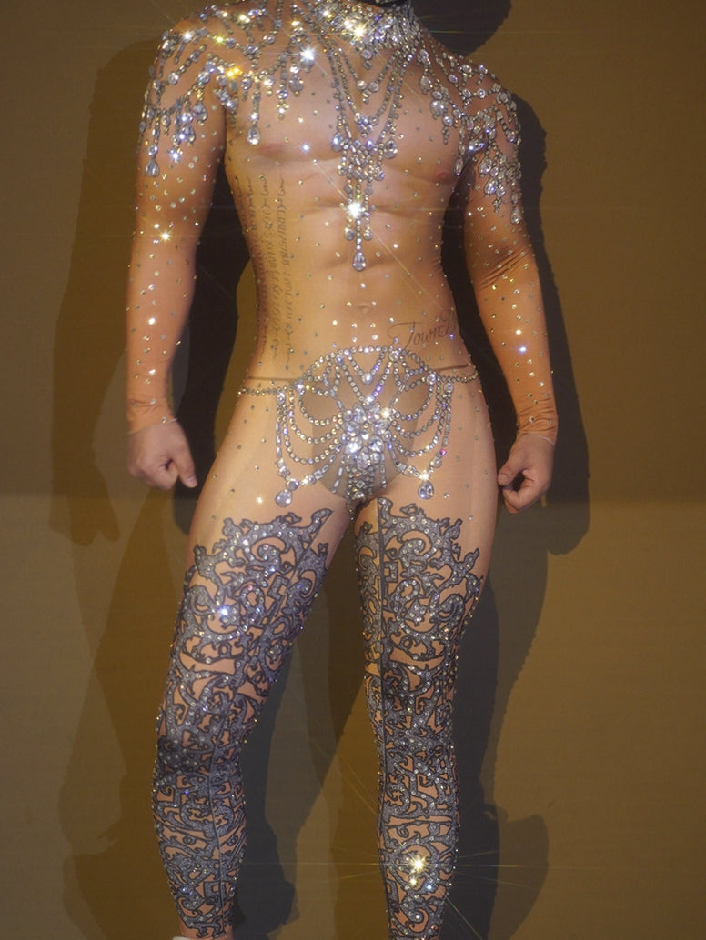 Sparkly Rhinestone Jumpsuit for Men Elastic Leotard Headgear DJ Nightclub Outfit Performance Dance Costume Show Stage Wear