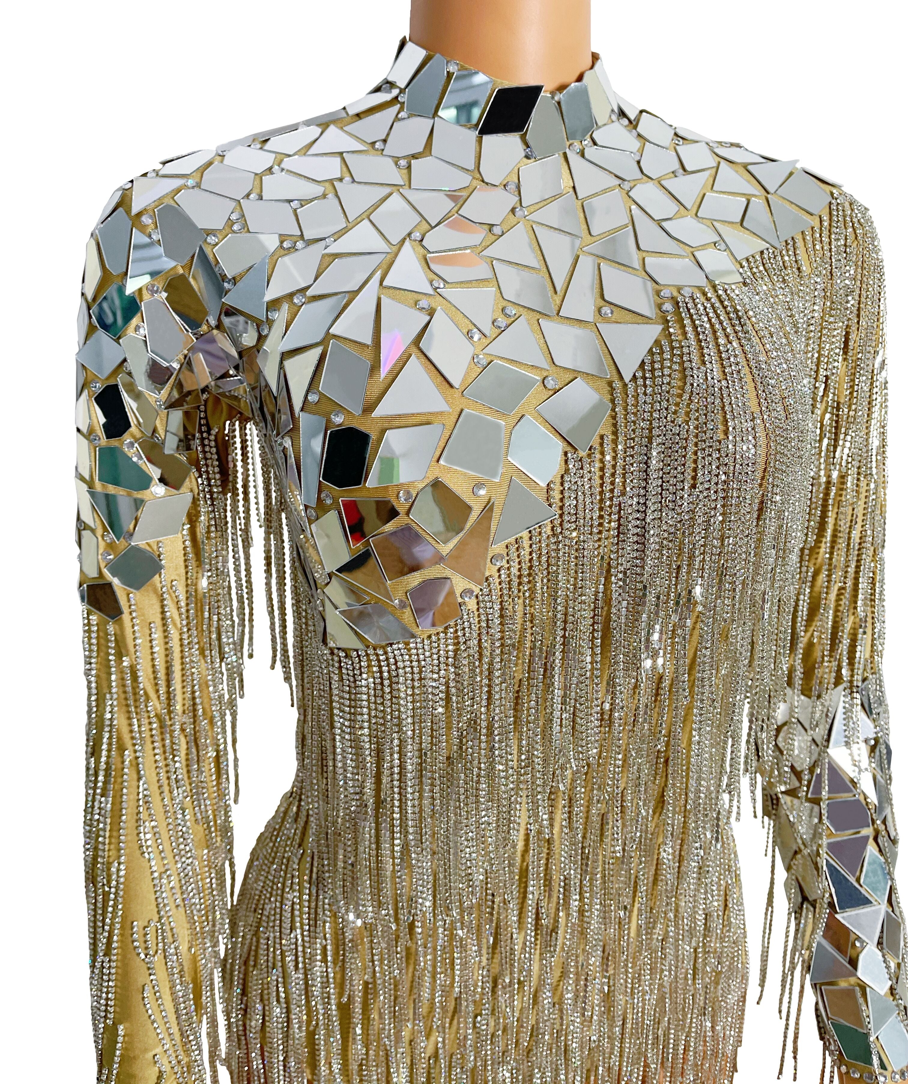 Women Flash Silver Mirror Rhinestone Chain Backless Evening Fringes Bodysuit