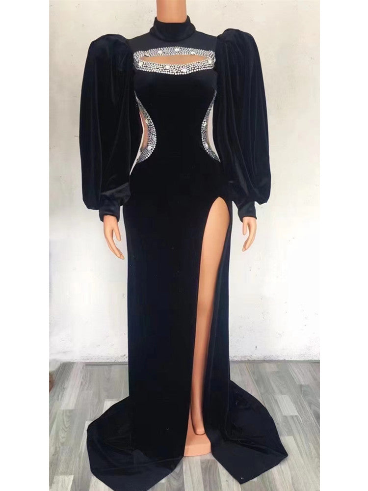 Black Velvet Women Long Lantern Sleeve Keyhole Long Dress Evening Party Dress Celebrate Prom Dress
