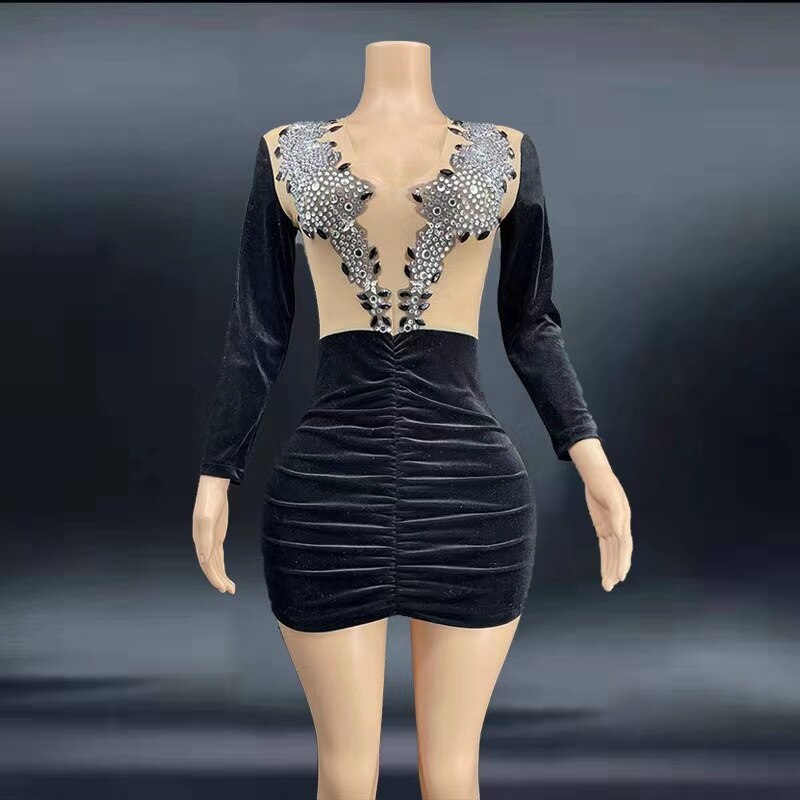 Black Velvet Rhinestones Mesh Perspective Dress Evening Party Wear Dresses Birthday Celebrate Costume See Through Outfit