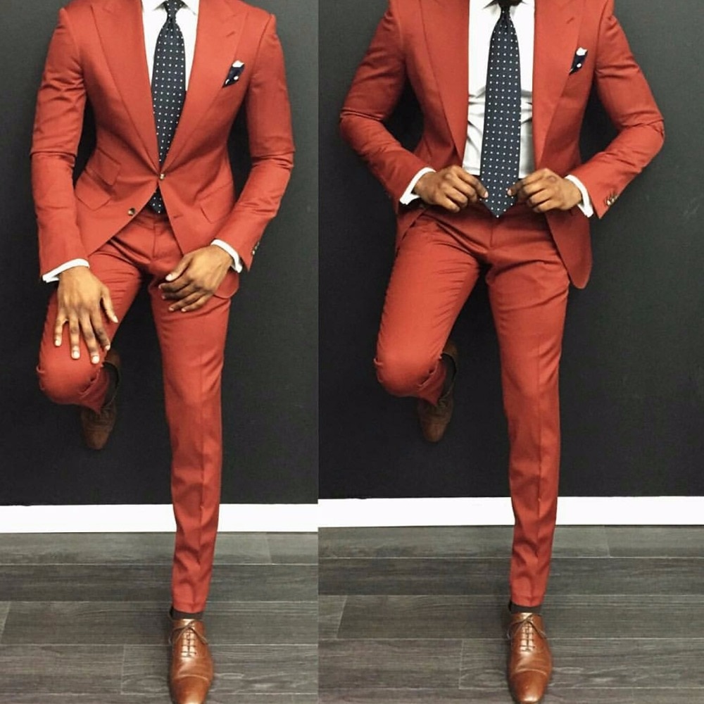 Homme Orange Men Suits Slim Fit 2 Piece Peak Lapel Tuxedo Tailor Groom Prom Party Blazer Masculino Jacket+Pant