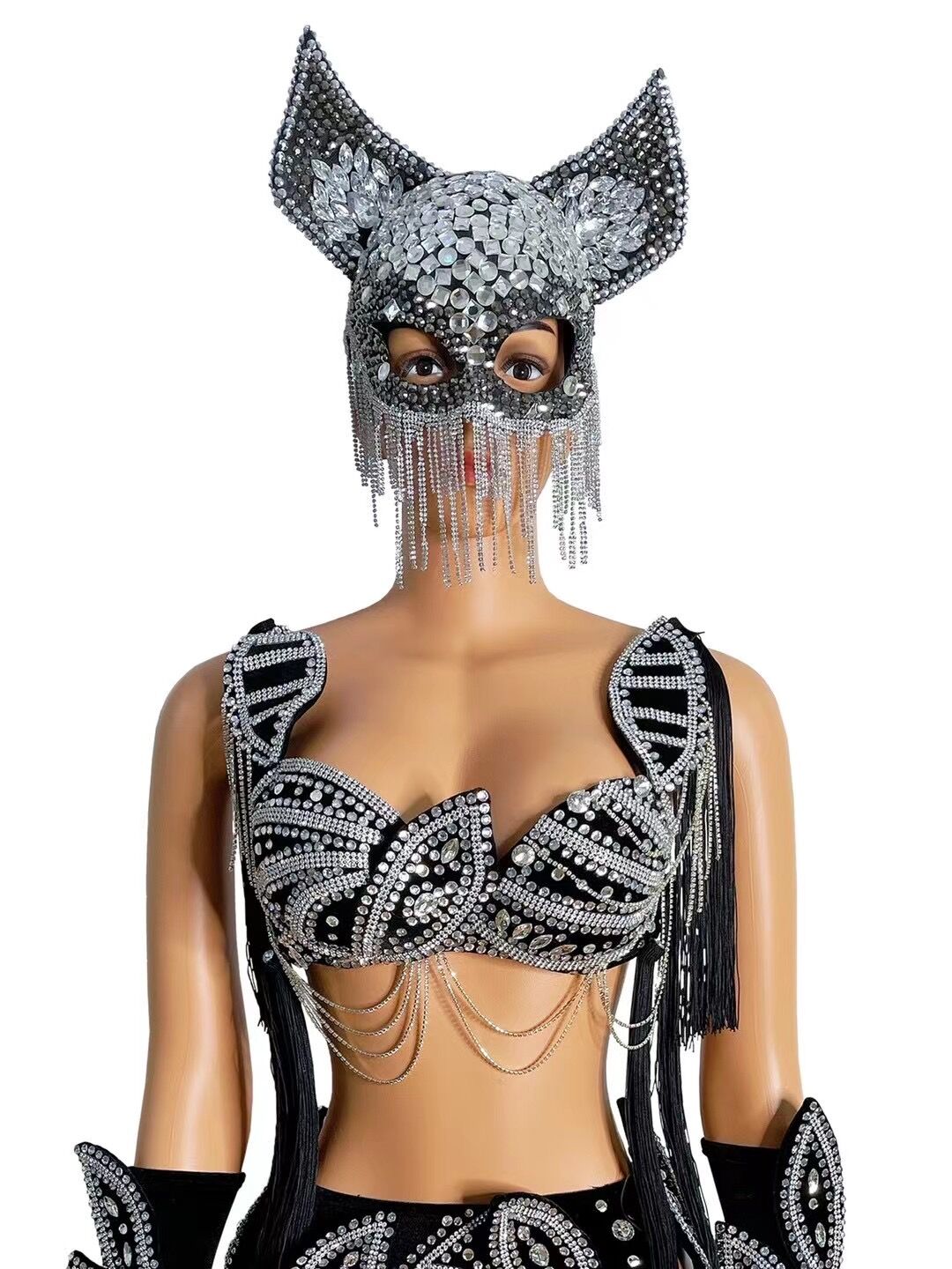 Silver Rhinestones Black Tassels Bra Short Outfit Set Summer Bikini Show Prom Party Evening Singer Costume Set