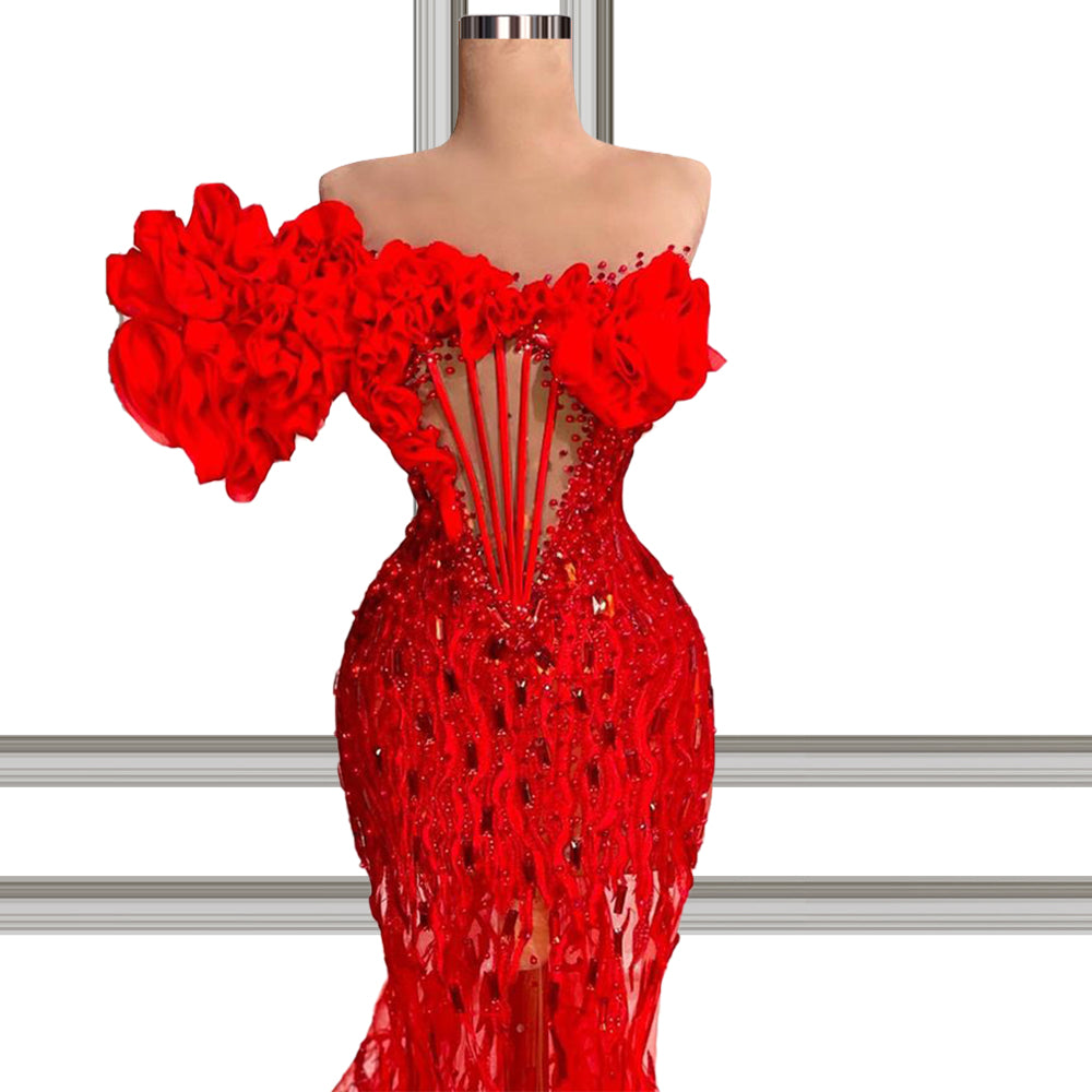 Sheer Beaded Lace Robes De Soirée Off Shoulder Vestidos Gathers Floral Formal Gown Free Tailored