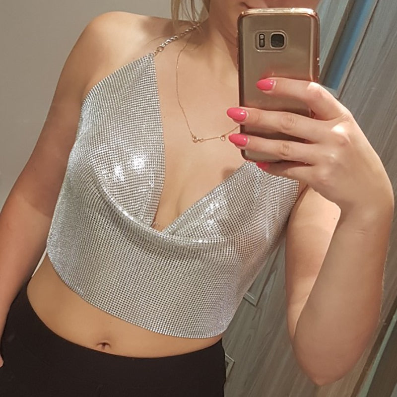 Backless Sequin Women metal Tops Halter Tank Top Party Club Camis Summer Beach Cropped Bra Top Strap Ladies