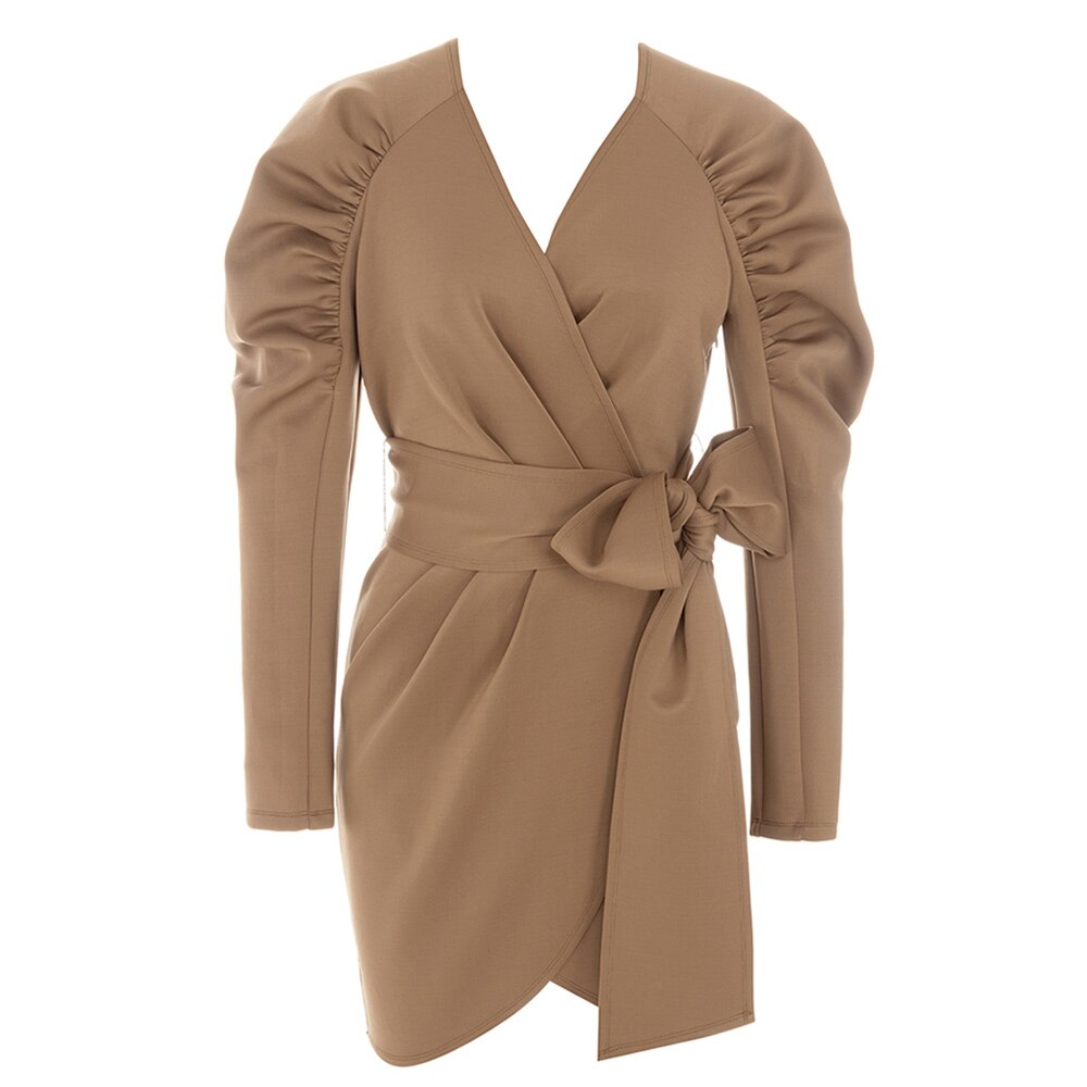 Camel Bubble Long Sleeve V-neck Bow Waist Waist Slim Fold Irregular Hip Skirt