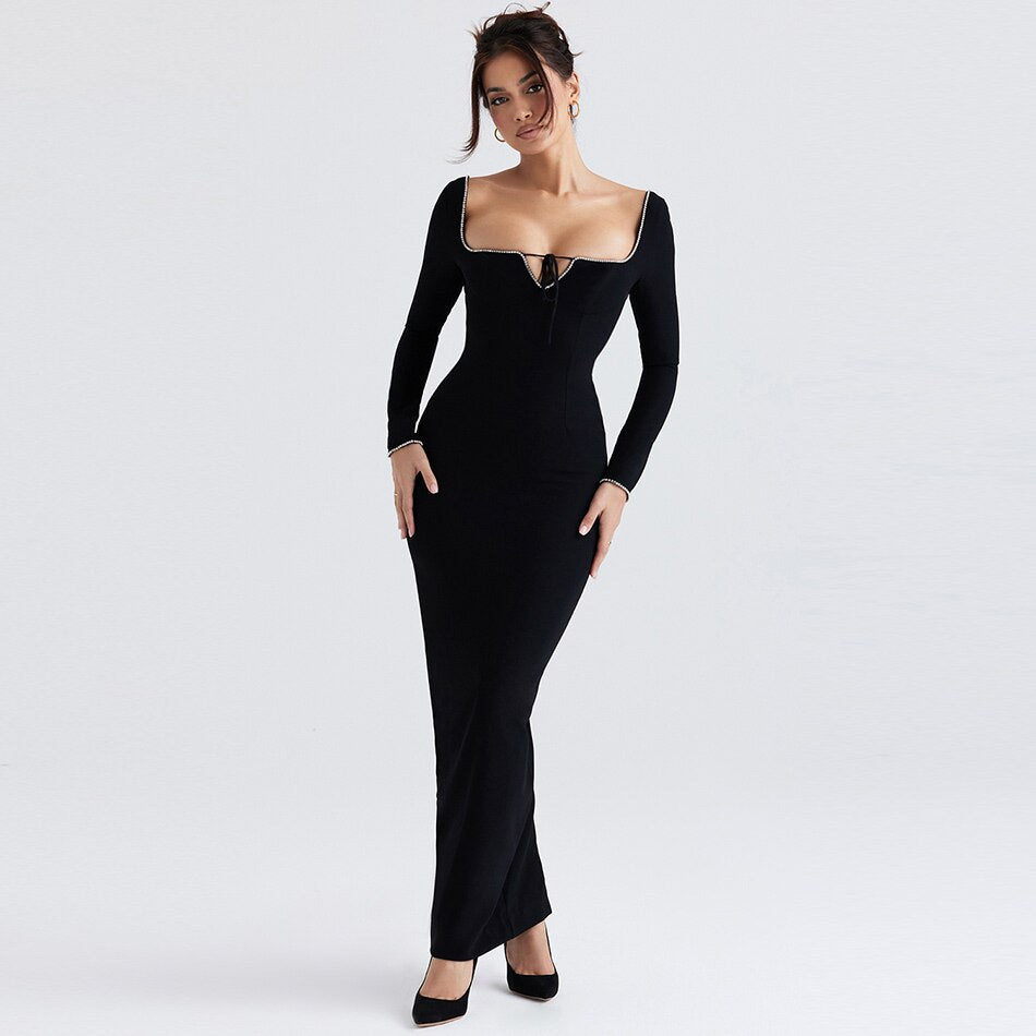 Black Maxi Dress Autumn Winter Long Sleeve Rhinestones Beaded Square Collar Slim Retro Royal Lace Up Backless Long Party Dress