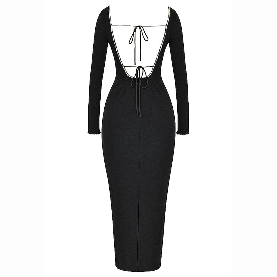 Black Maxi Dress Autumn Winter Long Sleeve Rhinestones Beaded Square Collar Slim Retro Royal Lace Up Backless Long Party Dress