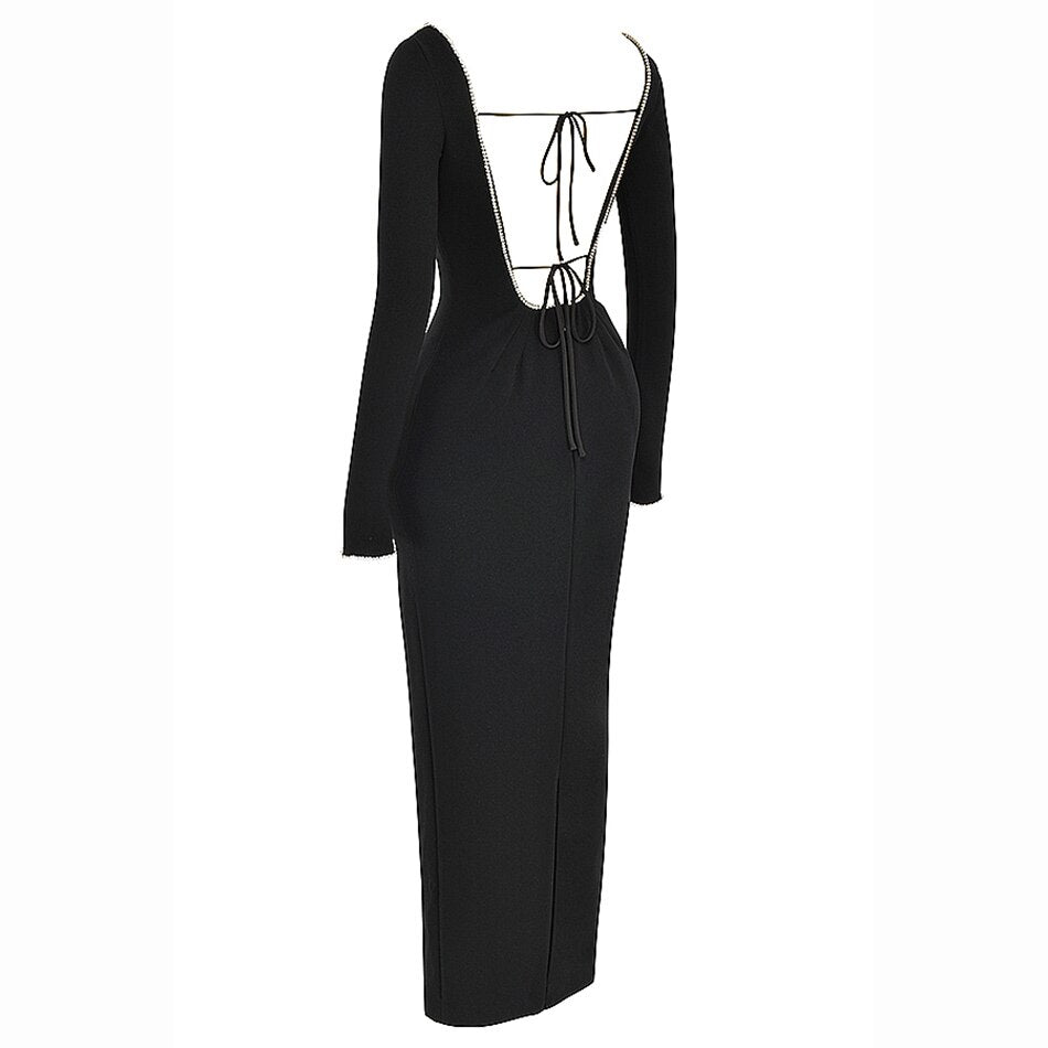 Black Maxi Dress Autumn Winter Long Sleeve Rhinestones Beaded Square Collar Slim Retro Royal Lace Up Backless Long Party Dress
