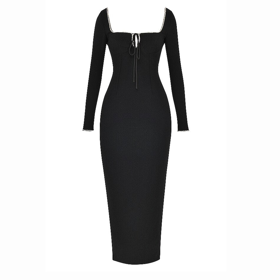 Black Maxi Dress Autumn Winter Long Sleeve Rhinestones Beaded Square Collar Slim Retro Royal Lace Up Backless Long Party Dress