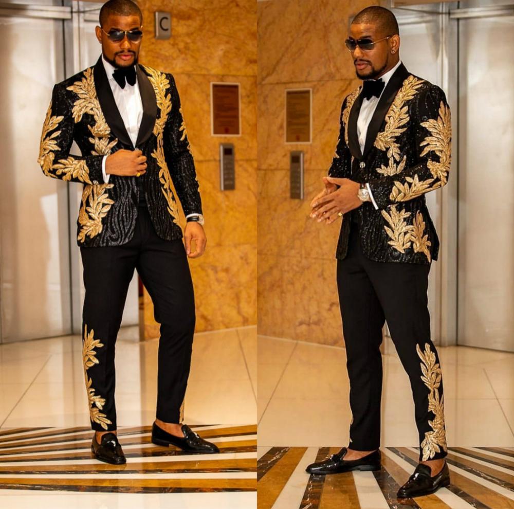 Black Men Suits with Embroidery Beaded Two Pieces Shawl Lapel Designer Wedding Tuxedos Gold Mens Jacket and Pants