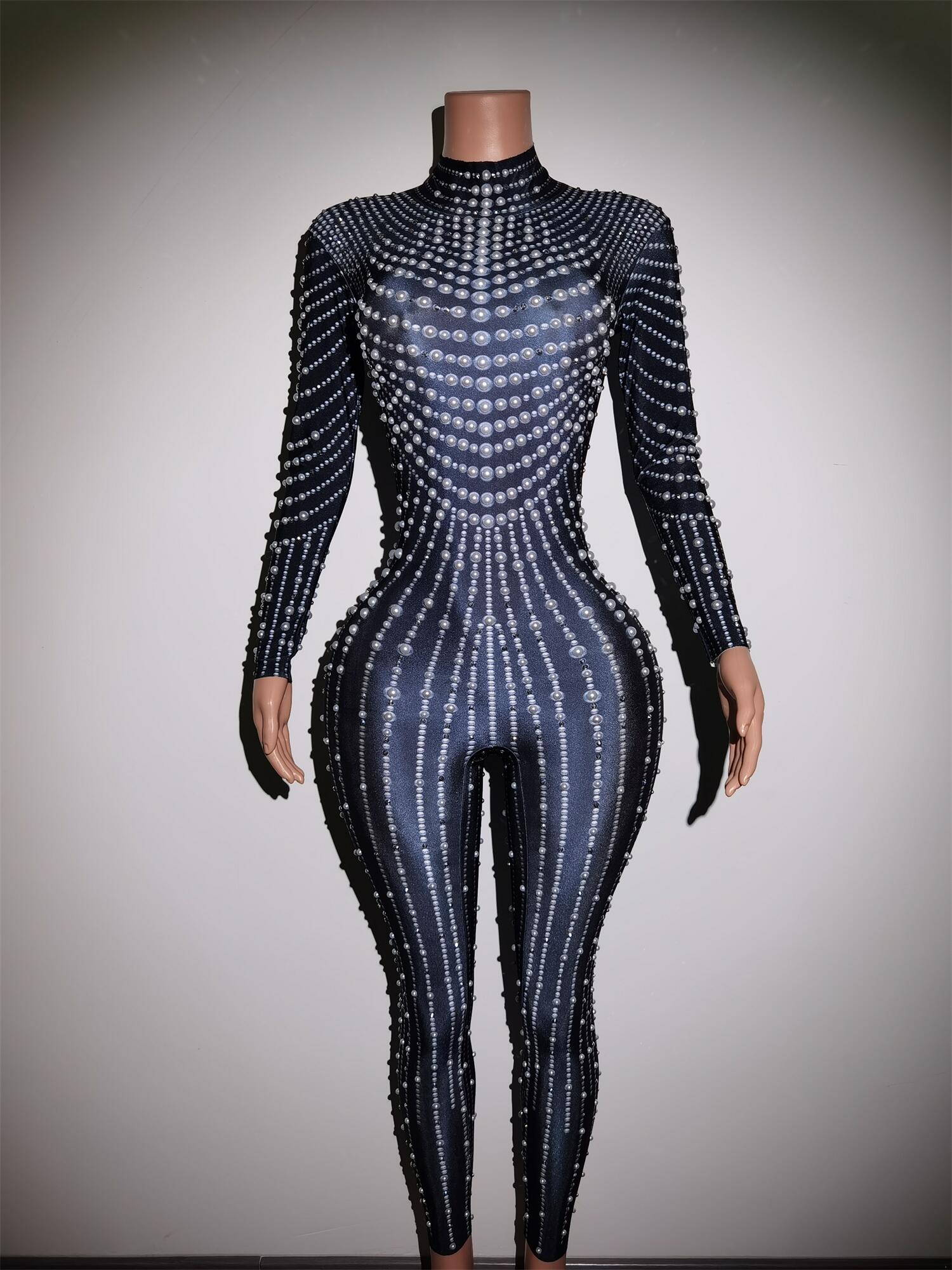 Bright Pearls Crystals Jumpsuits Sexy Rhinestones Perspective Bodysuit Stage Dance Wear Celebrate Shining Costume