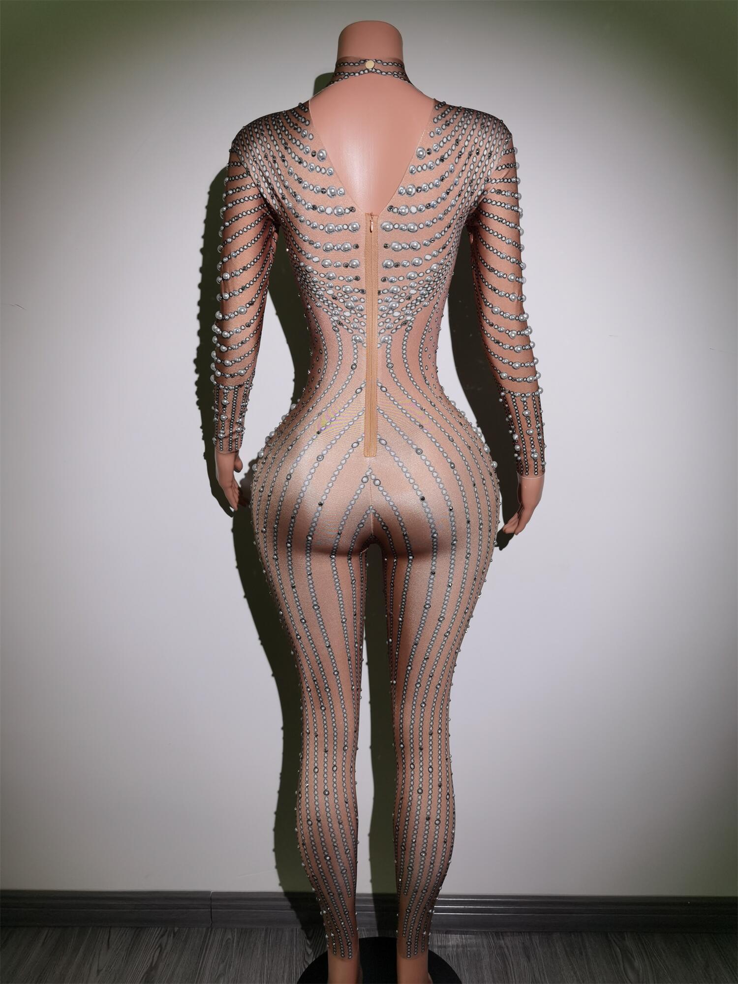 Bright Pearls Crystals Jumpsuits Sexy Rhinestones Perspective Bodysuit Stage Dance Wear Celebrate Shining Costume