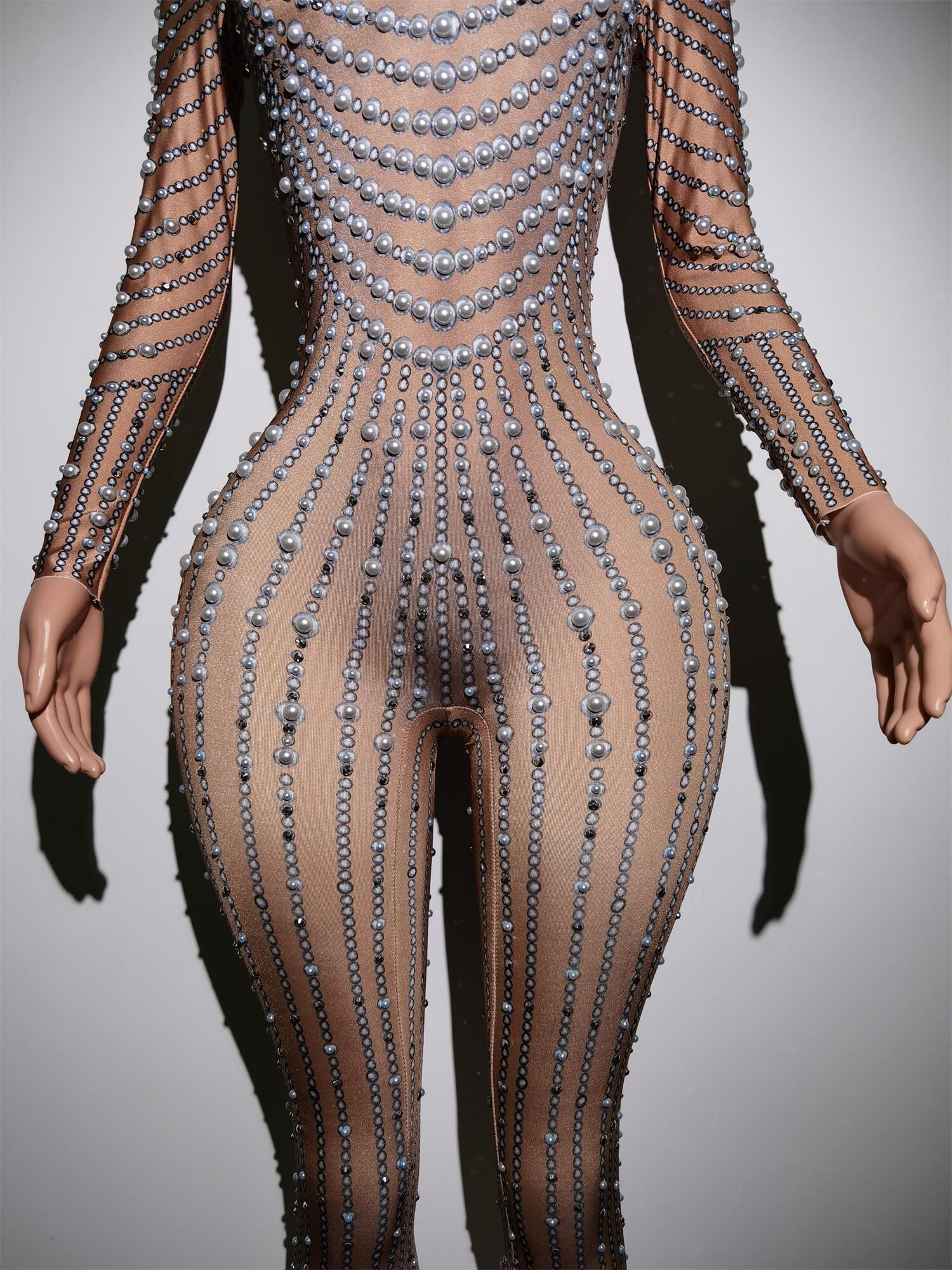 Bright Pearls Crystals Jumpsuits Sexy Rhinestones Perspective Bodysuit Stage Dance Wear Celebrate Shining Costume