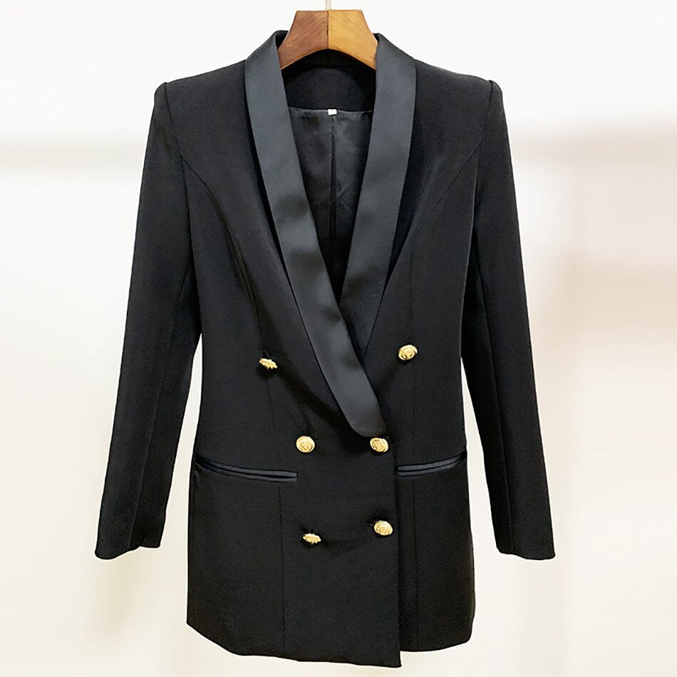 Chic Blazer Dress Double Breasted Satin Lapel V Neck Coat Women Long Sleeve Slim Jacket Lion Button Textured Suit Dress